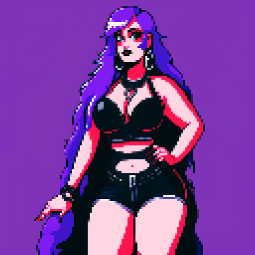 plus size, curvy, busty, goth girl with long purple hair, black eyeshadow, and red lipstick, wearing a low-cut halter top and studded collar, posing for a glamour shot photo with vibrant sRGB colors, pixel art, and an edgy aesthetic