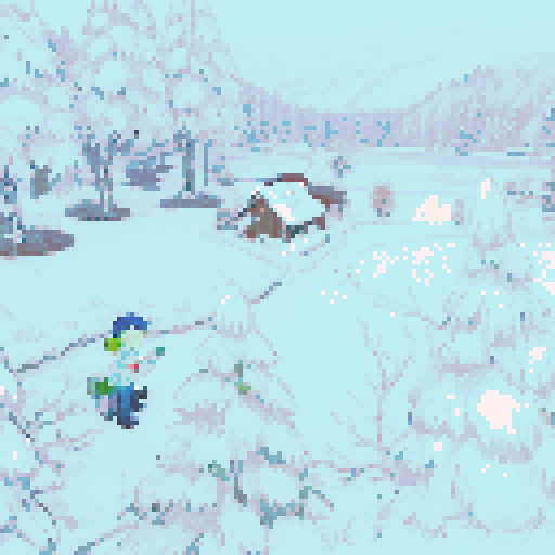 White winter wonderland, frozen lake, trees, boy with green shirt