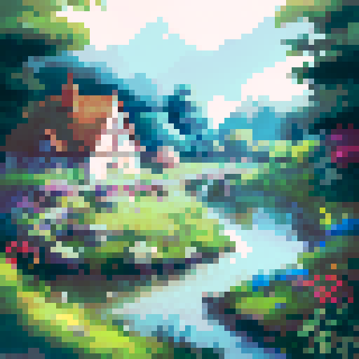 cottage nestled among lush greenery, serene river flowing gently, vibrant flowers blooming, towering trees surrounding, picturesque landscape portrait