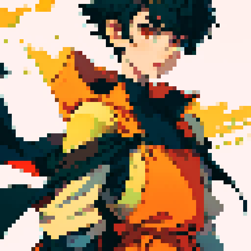 yellow round horns, black hair, short hair, robot joints, off-shoulder cape , upper body, arms at sides, standing still,  orange overalls, blank background,1boy, robot hands, robot joints, 