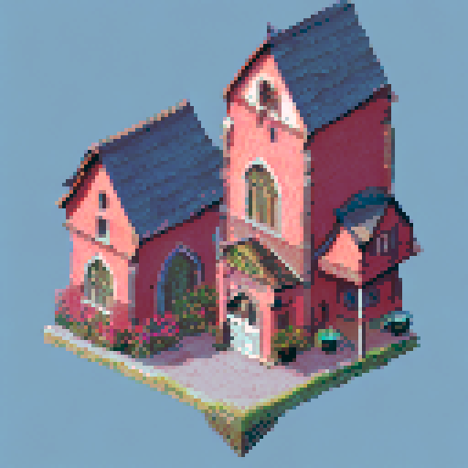 A city with a square in the middle, then a school, a Church, a cinema, a restaurant, and some shops and further a train station