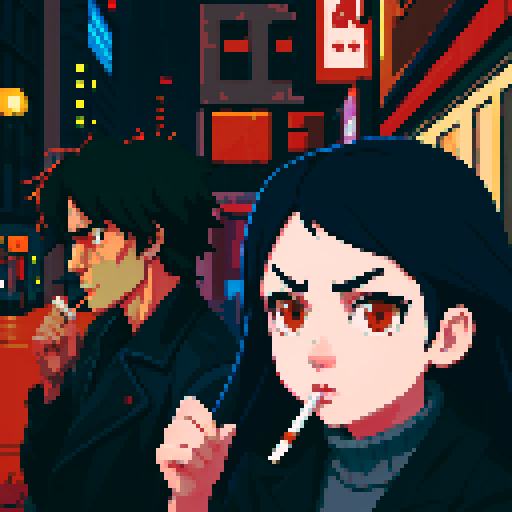 Girl on the right smoking a cigarette, guy on the left holding a gun, gritty, rainy, nighttime, downtown