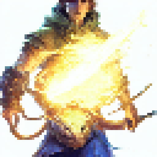 Dragon-slaying hero wielding a glowing sword battles a giant serpent in a mystical forest, surrounded by floating orbs and a castle in the distance.