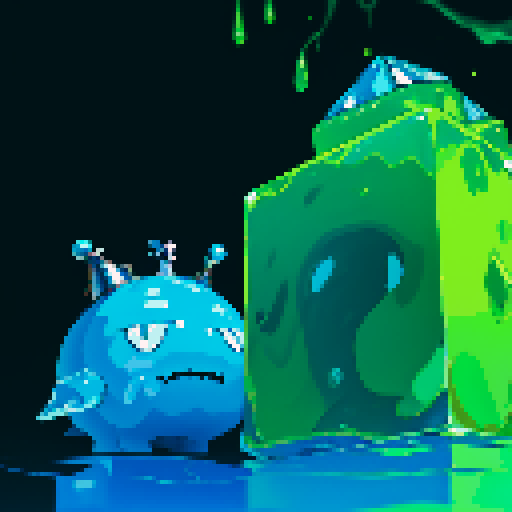 Blue Slime cube, Gelatinous cube, wearing crown, giant Slime, boss fight
