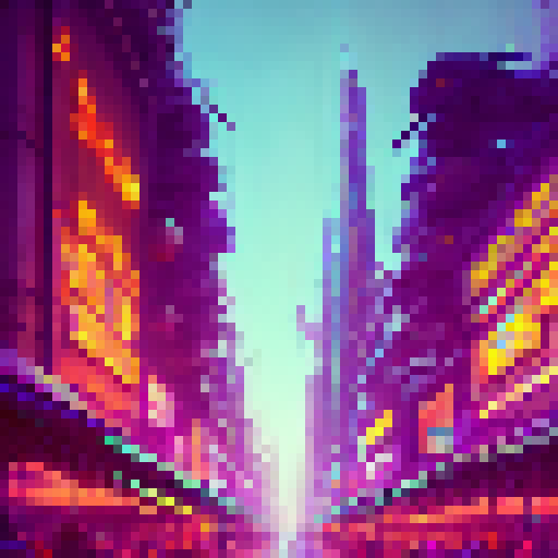 Vibrant, modern, and sleek. A neon-lit cityscape with skyscrapers towering over a bustling street market full of colorful stalls selling everything from fresh produce to high-tech gadgets.