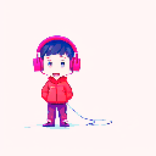 Chibi boy with Korean hairstyle and rosy cheeks, wearing big headphones and a huge puffy jacket, looking from a first person point of view in high detail.