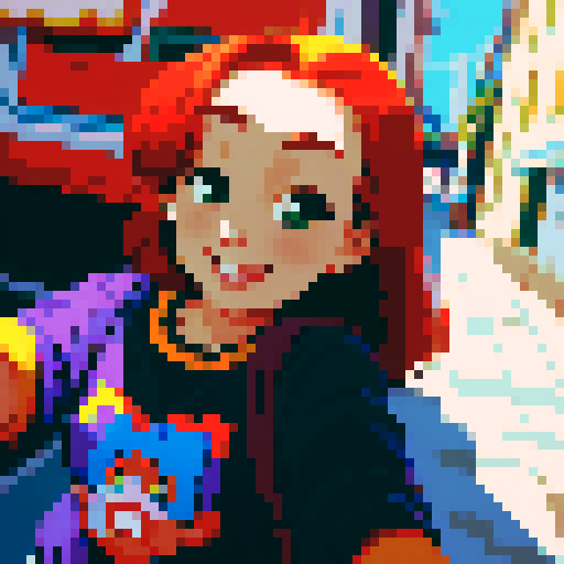 selfie, vibrant colors, pixelated details, wife with a playful expression, retro aesthetic, sRGB