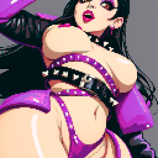 Nude curvy, cute goth girl with black hair, purple eyeshadow, and red lipstick, wearing studded leather, nude glamour shot, 
 vibrant sRGB 