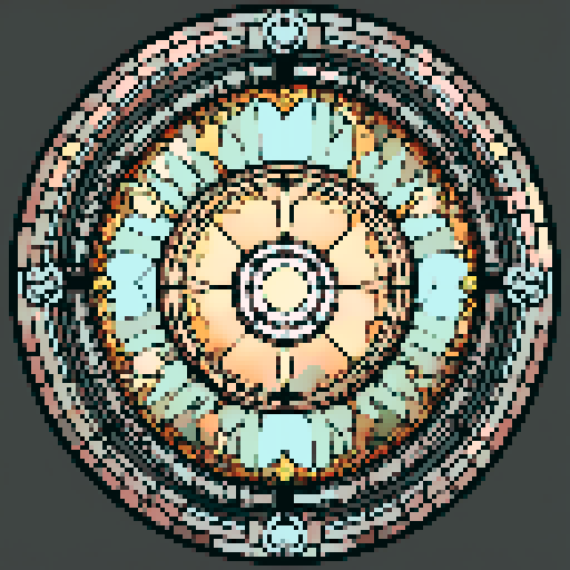 I want a beautiful circular stained glass window framed in copper with rivets around the edge. I want this object usable an asset in a videogame, meaning only one object per image, outlined with a strong black stroke, on a solid-color background.