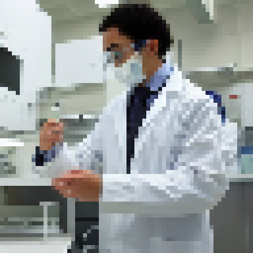 A scientist working in a laboratory with a background of wind turbines, representing a commitment to sustainable energy and environmental responsibility.
