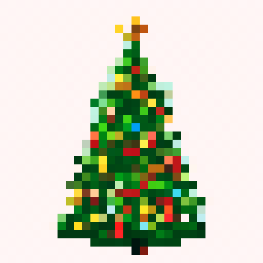 Christmas tree video game badge, bold black outline, defined lines, vibrant srgb colors, 32x32, pixel art