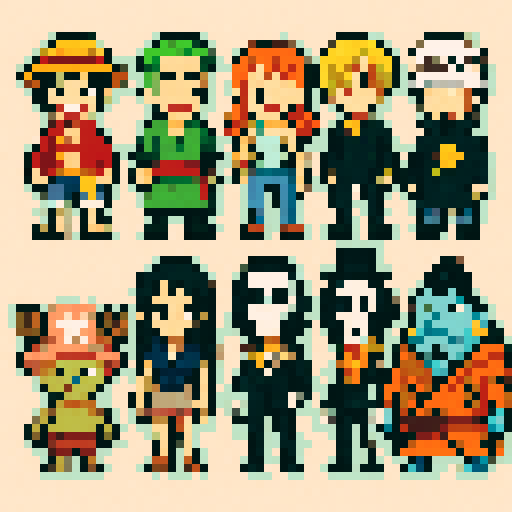 Luffy, Zoro, Nami, Usopp, Sanji, Chopper, Robin, Franky, Brook, Jinbe, Law