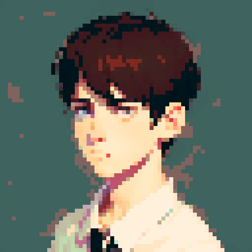 portrait, sprite art, young man, sad, narrow eyes, muted colors, depressed, neutral, eccentric