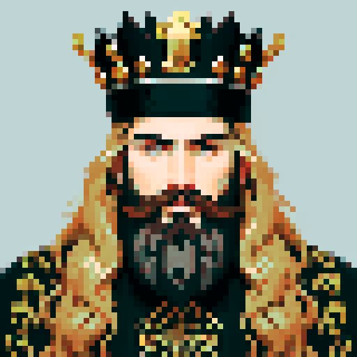 king, regal, black metall crown, black crown, majestic, stoic expression, sharp features, detailed beard, silver accents, royal robe, intricate embroidery, game icon, 32x32 pixel art, sRGB, skill art, close up, portrait, golden hairs