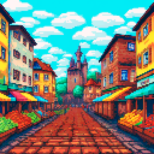 Crowded, bustling medieval market with colorful stalls selling fresh fruits, vegetables, meats, and baked goods; narrow cobblestone streets lined with wooden merchant shacks; castle towers and church spires rising above the bustling scene; all depicted in a vivid, sRGB pixel art style with a detailed background landscape