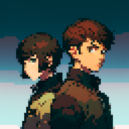 Persona style. Two men, one with medium length brown hair and grey hoodie under a brown jacket, next to a short haired man in a graphic t-shirt and collared shirt, in sRGB pixel art style
