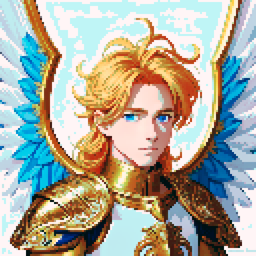 handsome angel with flowing golden hair, vibrant blue eyes, and feathery white wings, clad in intricately designed armor, surrounded by a celestial aura, set against a pixel art background with vibrant sRGB colors