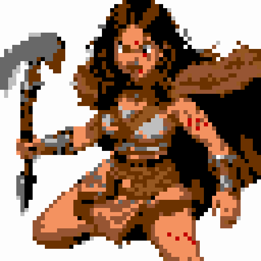 barbarian woman wielding an axe, with thick thighs, a chest, wearing tattered brown crop top without sleeves, a long brown fur cape held together by a silver circle, brown fur anklets, a short brown cloth skirt, barefoot, fangs, red stripes under her eyes, a red diamond painted on her forehead, red stripes on her arms, short black hair, tan skin, and red eyes, in an angry pose, depicted in pixel art with vibrant sRGB colors