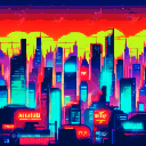 Glowing neon signs, towering skyscrapers, and flickering streetlights illuminate the cyberpunk cityscape as it stretches endlessly into the night, all in stunning pixel art