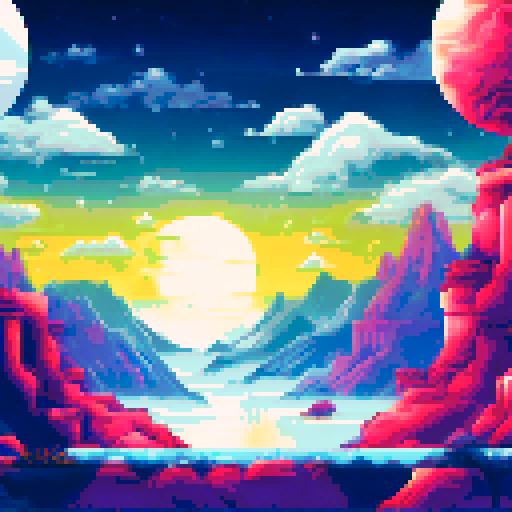 white, glowing, magical, electric orb, floating in space, wide image, sRGB, pixel art, background, landscape