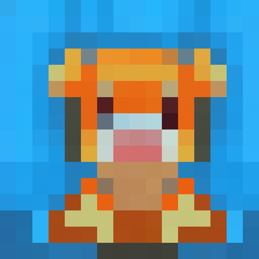 Baby tiger with big eyes, orange and black stripes, wearing sunglasses, surrounded by green foliage, nose in focus, looking directly at the viewer, captured in pixel art style with a close-up portrait perfect for a game icon at 16x16