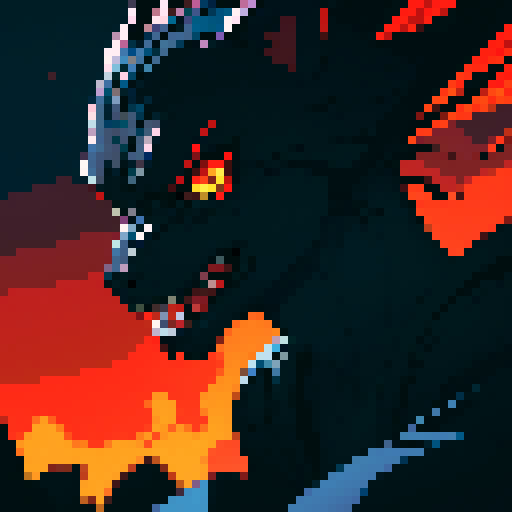 Dark, fierce, and stunning, a chimera with a blend of black and red, depicted in pixel art with vibrant sRGB colors