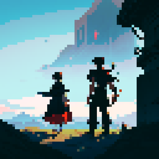 Dark fantasy library with a puzzle looking door. Two characters that are standing away from each other and our hero in the middle