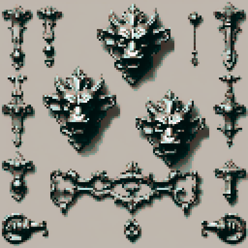 Mechanical pieces from old door knocker and gargoyles. It should be seen as if on a wall, with no perspective, on a solid-color background. There should one be two or three pieces in each frame, it shouldn't be complete.