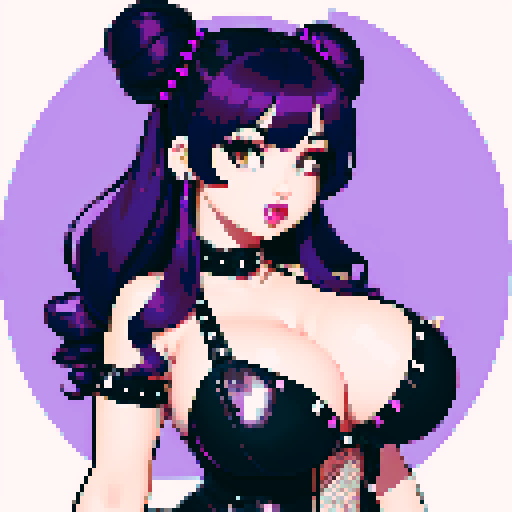 Portrait of Thicc, curvy, busty goth babe with studded collar, long purple hair in buns, fishnet stockings, studded halter top, posing sexy. pixel art, sRGB.
