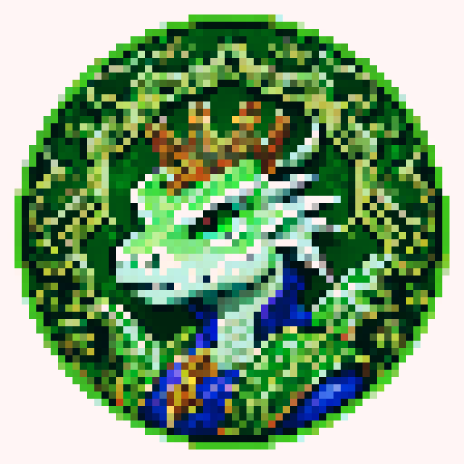 dragon, regal, crown, majestic, green silver accents, intricate embroidery, game icon, 32x32 pixel art, sRGB, skill art, close up, portrait