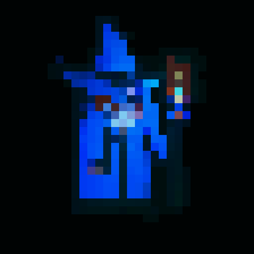 wizard with blue robes, blue wizard hat, brown staff, golden necklace with sun pendant, flat white background for the background of the image that is not the character