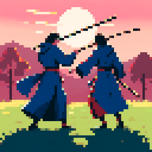 Two individuals are engaged in a playful duel in a rustic, open field at sunset. They are energetically brandishing brooms instead of traditional swords. One person, wearing a flowing blue robe, has a focused, competitive expression. The other, in a vibrant red cloak, exhibits a joyful grin. The setting sun casts dramatic, elongated shadows on the grass, enhancing the scene with a warm, golden light