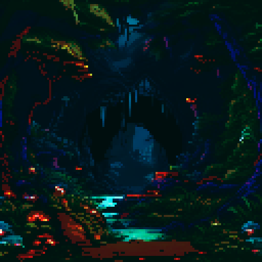Dark looming cave entrance, glowing pinprick eyes, moss and lichen hanging, pixelated stalactites and stalagmites, sRGB pixel art, eerie background 