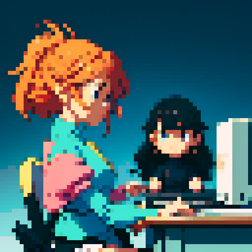 Create a pixel art image in a lofi style featuring two simplified human figures sitting at a shared desk with a retro computer on it. The figures should appear as silhouettes with soft outlines, collaborating on the computer. The background should be entirely black, emphasizing the objects and the teamwork theme. Use a minimalist design with muted colors, focusing on the desk, computer, and two characters to symbolize collaboration.