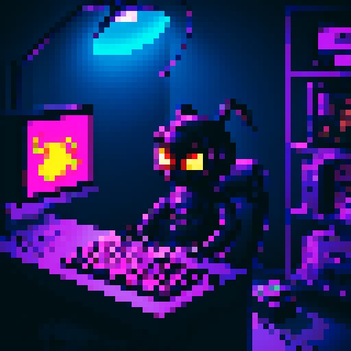 cute scorpion playing computer games in a cyberpunk room with cola and potato chips
