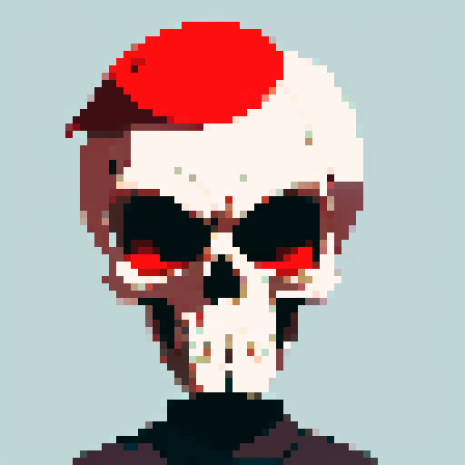 cartoon skull face, vibrant colors, bold lines, exaggerated features, pixelated details, sRGB color palette