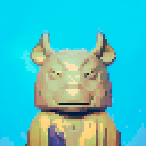 pixelated bull with majestic horns, solid blue background, wearing nothing, is naked, standing like the reference image, thick black outlines of the character, shadow shades on the character