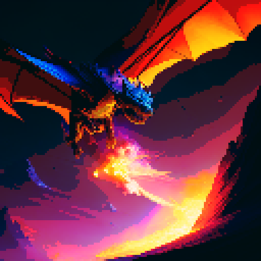Fiery dragon soaring through a violet sky, scales glinting in the sun, flames spewing from its jaws, ready to incinerate any foes in its path.