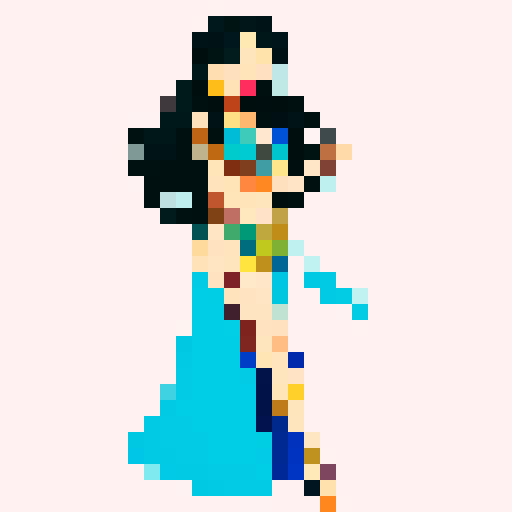 Beautiful cartoon wearing a blue belly dancer outfit and she has long black hair 