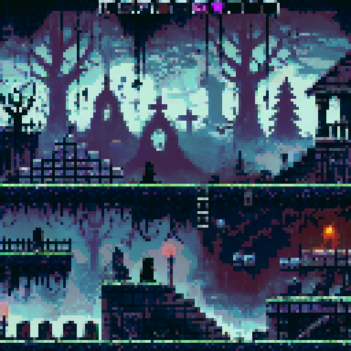 2D platformer level with 8 by 8 pixel tiles, grim vampire hunter themed.