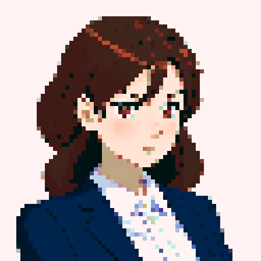 minister of economy, brown hair, close-up, confident stance, anime style, pixel art, suit, front view, 30-years-old, front view, bust, middle-part-hair
