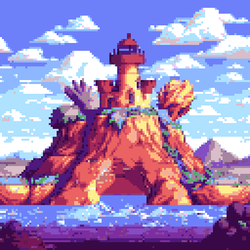 Pokemon, Chrono Trigger, vibrant colors, detailed sprite, ocean, lighthouse, retro charm, pixelated characters, whimsical creatures, magical abilities, epic adventures, nostalgic journey, sRGB, pixel art, background, landscape