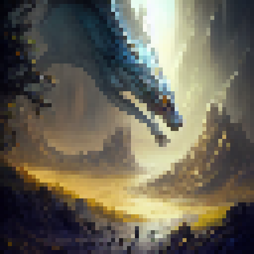 Visualize a medieval white dragon with golden eyes that gleam intensely. The dragon is lying on a mountain overlooking a medieval-style walled city, located in a lush green valley. The dragon watches the city with a mixture of curiosity and caution, without being an immediate threat to the city's inhabitants. The image should have a pixel art style, with a detailed and beautiful design that captures the magical and fantastical essence of the scene.