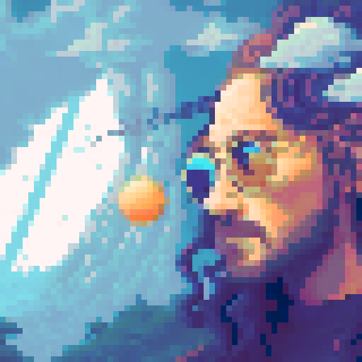 long-haired, eccentric, artistic man with vibrant, neon-colored locks, wearing retro, round sunglasses, against a pixelated, sRGB background depicting a surreal, dreamlike landscape