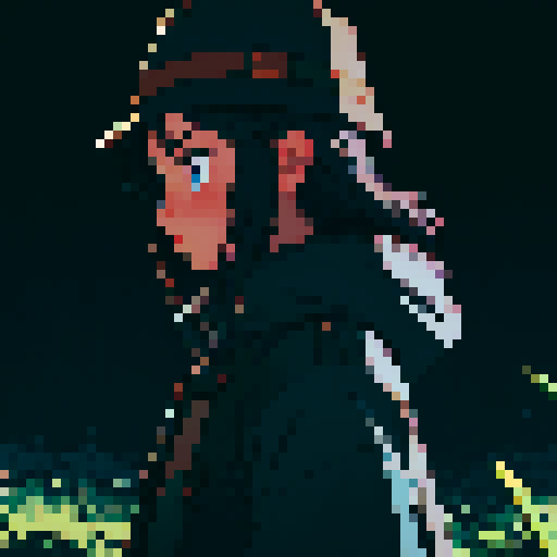 Dark night time in the forest background, Dark background, profile picture, teenage girl, rounded face, no emotion face, small blue eyes, short black hair, brown coat, brown hat, small chest