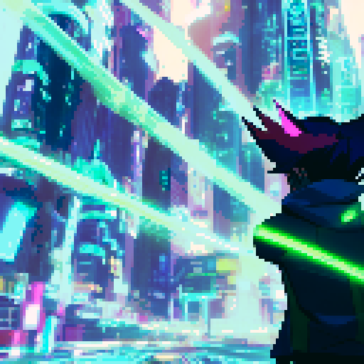 "An INTJ genius hacker with neon green hair, wearing a leather cyberpunk outfit, types furiously on a holographic keyboard in a futuristic city, surrounded by glowing lines of code in anime style."