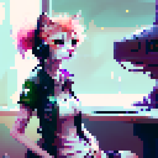 cute redhead with green eyes, anime style, pink and black dress headphones, cat on a gaming desk, cleavage, plants in the background, fantasy RPG, painting on the wall