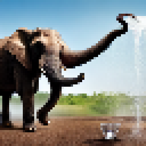 An elephant trying to fit inside a cup of water, and water overflowing as he tries to get in. 