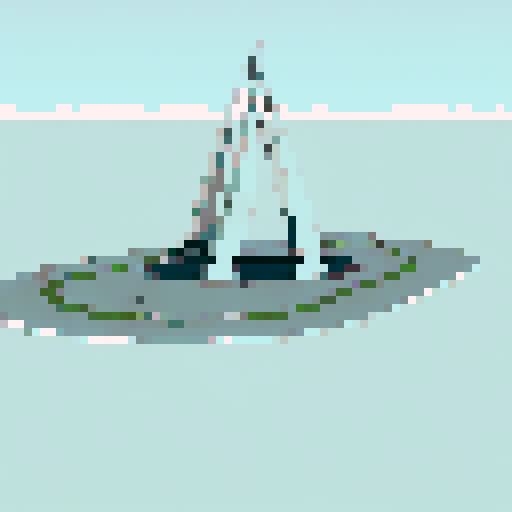 A towering, bronze statue of an oil drill surrounded by palm trees and desert sand, with a backdrop of a vibrant, anime-style sunset sky