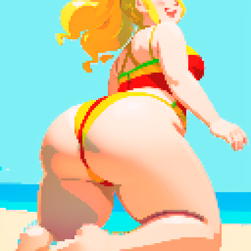 chubby blonde girl in a swimsuit, wide hips, very large butt, facing away, looking back, smiling, kneeling position, pixel art, sRGB